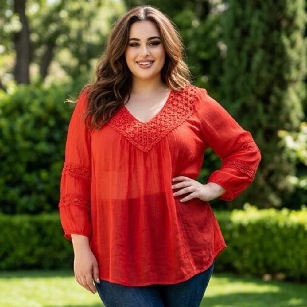 Grand & Greene Crochet Long Sleeve Womens Top 3X Boho Vibrant Beachy Lightweight